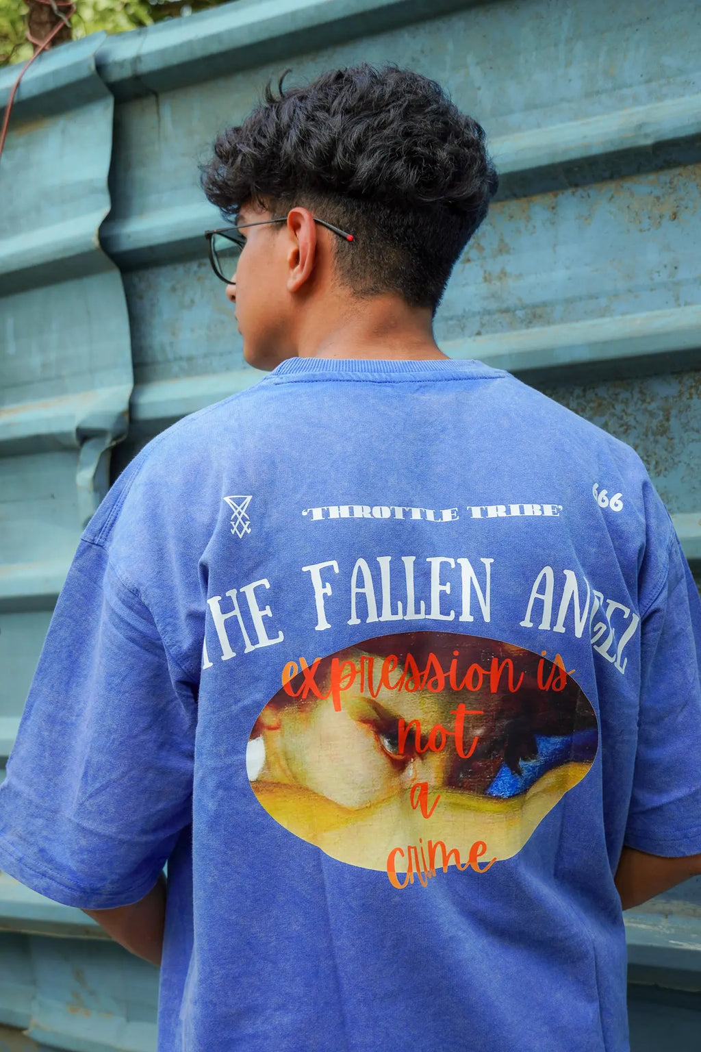 Fallen Angel – Blue Acid Wash Oversized T-Shirt with Lucifer Print | THROTTLE TRIBE My Store