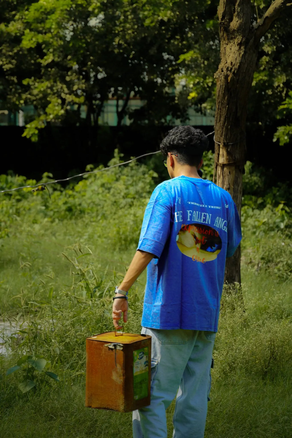 Fallen Angel – Blue Acid Wash Oversized T-Shirt with Lucifer Print | THROTTLE TRIBE My Store