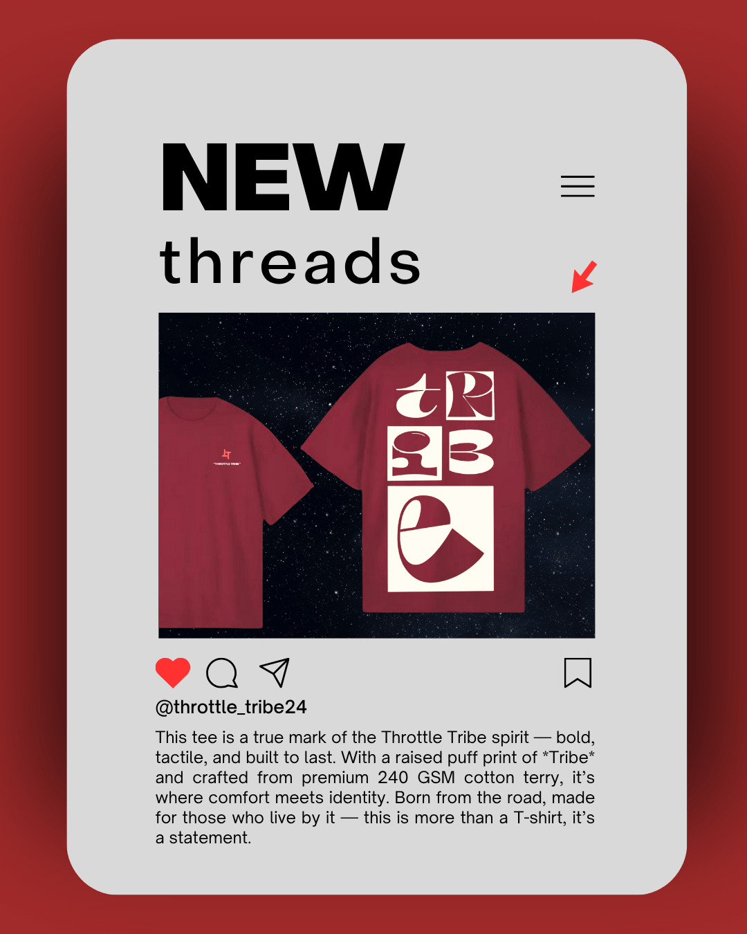 Throttle Tribe’s bold maroon t-shirt with minimal front logo and large abstract puff-print ‘TRIBE’ lettering on the back in white blocks — crafted from 240 GSM cotton for those who ride with identity and purpose.