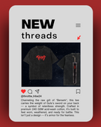 Berserk-inspired black acid-wash t-shirt from Throttle Tribe, featuring bold red Japanese text on the front and a graphic of Guts’s sword on the back — showcased on a cosmic starry background with a social media-style layout.