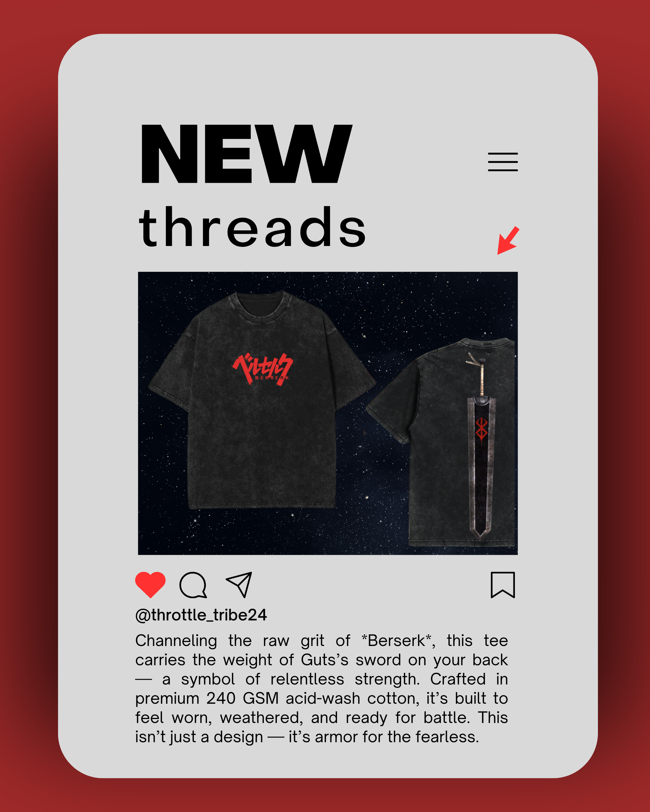 Berserk-inspired black acid-wash t-shirt from Throttle Tribe, featuring bold red Japanese text on the front and a graphic of Guts’s sword on the back — showcased on a cosmic starry background with a social media-style layout.