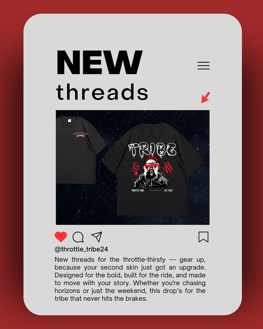 Throttle Tribe’s black streetwear t-shirt featuring bold red and white graffiti-style ‘TRIBE’ lettering, a fierce masked character graphic on the back, and minimal front chest text — designed for rebel souls who ride with attitude and never hit the brakes.