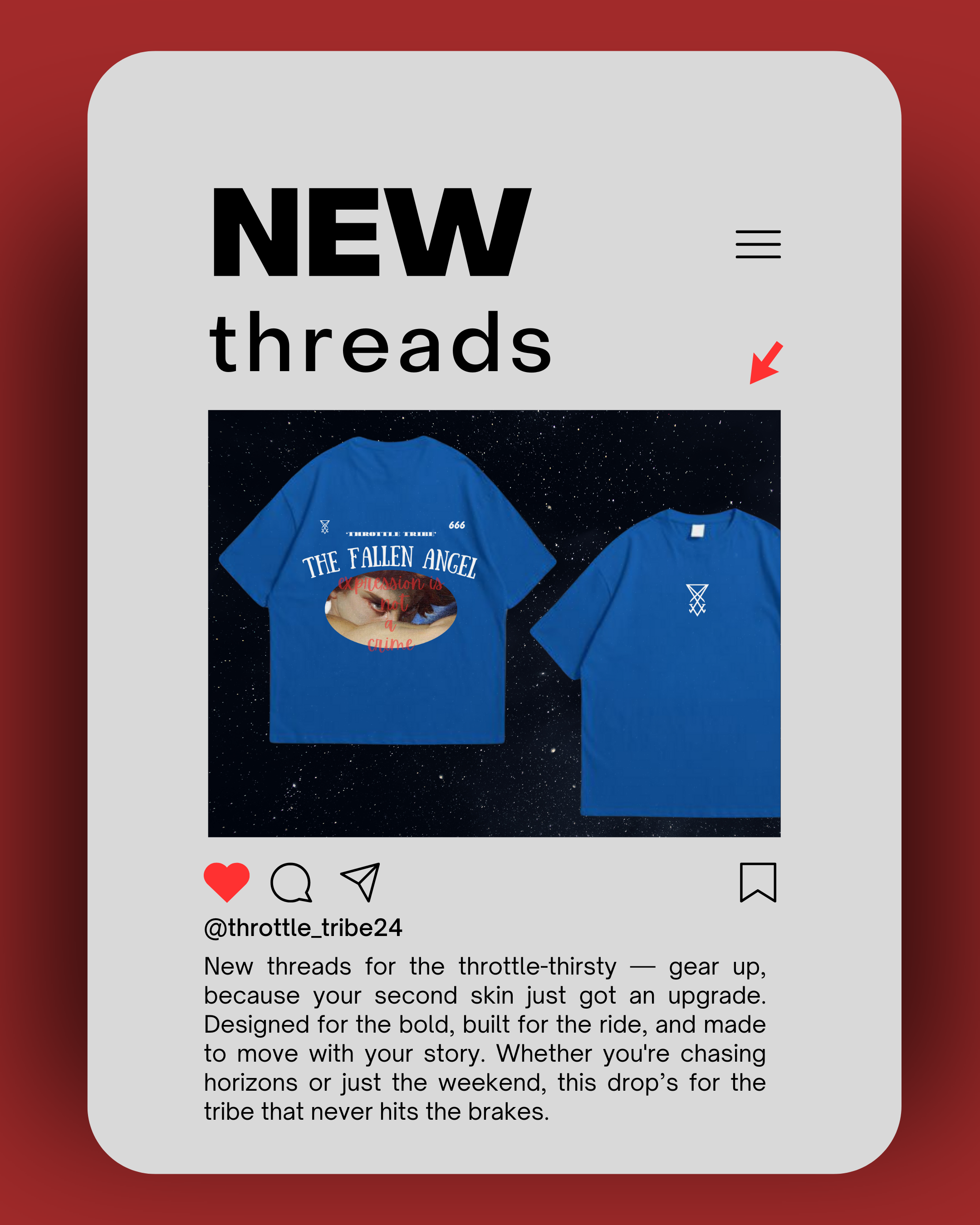 Throttle Tribe’s vibrant blue t-shirt featuring ‘THE FALLEN ANGEL’ text, symbolic graphics, and a dramatic image of angel wings with red graffiti-style words — designed for bold, ride-ready streetwear lovers who chase horizons without hitting the brakes.